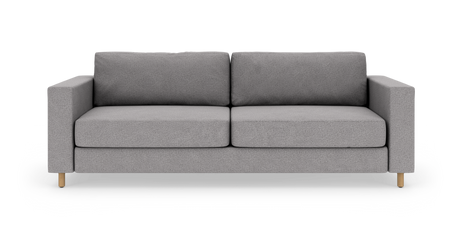Grå sofa i moderne, minimalistisk design med firkantede armlæn og lyse træben på hvid baggrund.
