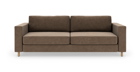 Brun tosædet sofa med lige armlæn og træben, frilagt på hvid baggrund.