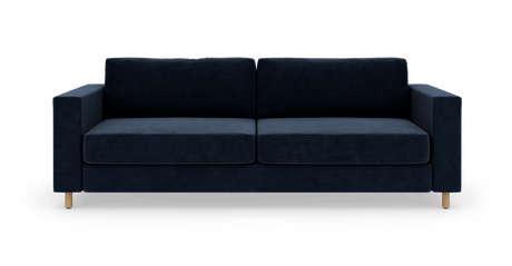 Mørkeblå sofa med to sædehynder, lige armlæn og lyse træben, frilagt mod hvid baggrund.