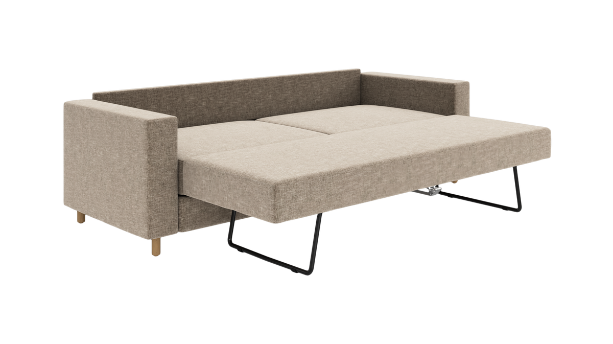 Beige sovesofa i tekstil, slået ud til dobbeltseng med sorte støtteben og bageste træben.