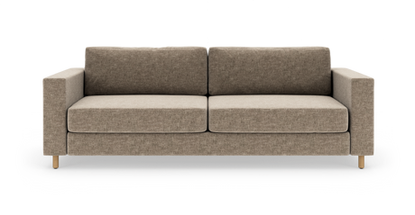 Beige/brun 2-personers sofa med firkantede armlæn og træben, set forfra på hvid baggrund.