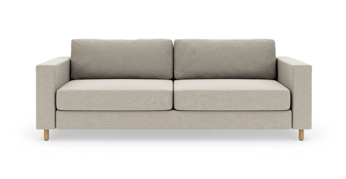 Beige 2-personers sofa med firkantede armlæn og træben, fotograferet lige for i studieopsætning.