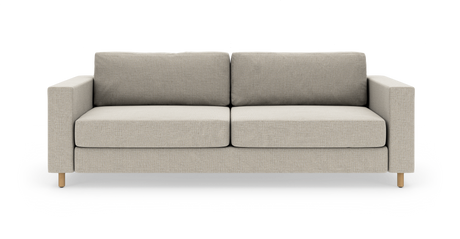 Beige 2-personers sofa med firkantede armlæn og træben, fotograferet lige for i studieopsætning.