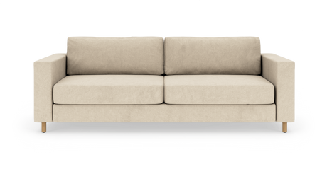 Beigefarvet, moderne 2,5–3-personers sofa med lige armlæn og træben, frilagt på hvid baggrund.