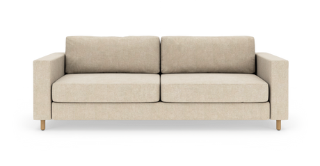 Beige 2-personers sofa med lige armlæn og træben, frilagt på hvid baggrund.