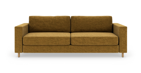 Sennepsgul 2-personers sofa med lige armlæn og træben, set forfra på hvid studiobaggrund.