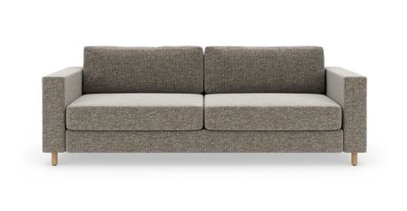Moderne sofa i gråbeige stof med træben, fritlagt mod hvid baggrund og set forfra.