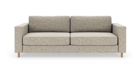 Beige 2-personers sofa med lige armlæn og træben, frilagt på hvid baggrund.