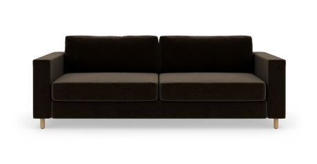 Mørkebrun 2-personers sofa med lige armlæn og lyse træben, fotograferet forfra mod hvid baggrund.