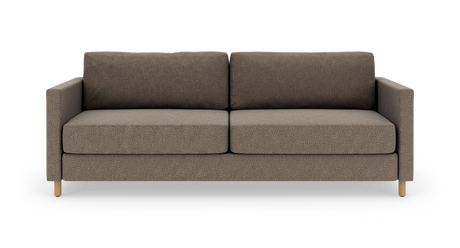 Brun to-personers sofa med lige armlæn og lyse træben, frontvisning på hvid baggrund.