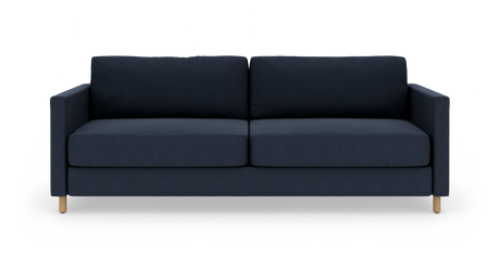 Mørkeblå 2-personers sofa med lige armlæn og lyse træben, frilagt på hvid baggrund.