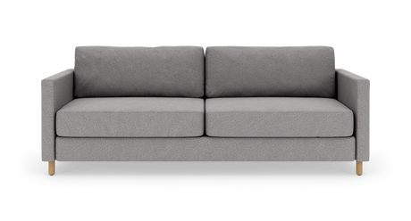 Grå 2-personers sofa med lige armlæn og træben, fotograferet forfra mod hvid baggrund.