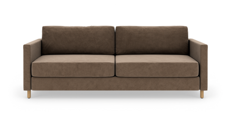 Brun 2-personers sofa med lige armlæn og lyse træben, frilagt på hvid baggrund.