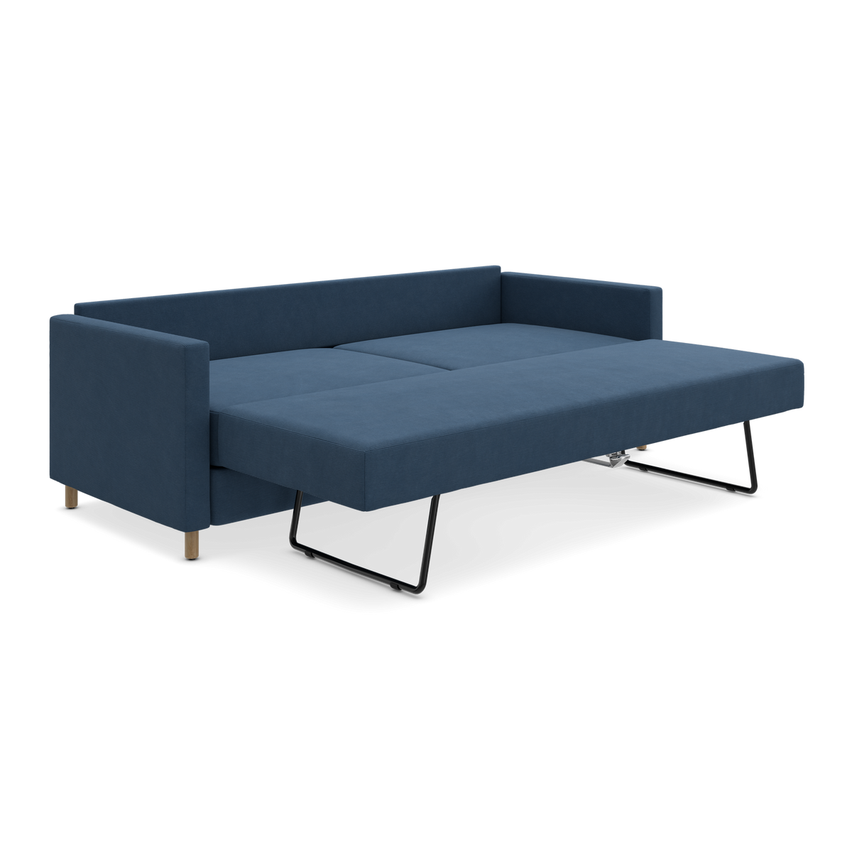 Mørkeblå sovesofa i udfoldet position med lige armlæn og sorte metalben.