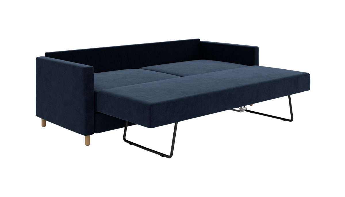 Mørkeblå sovesofa i moderne, minimalistisk design med slanke sorte støtteben og lige armlæn, vist i udfoldet position.