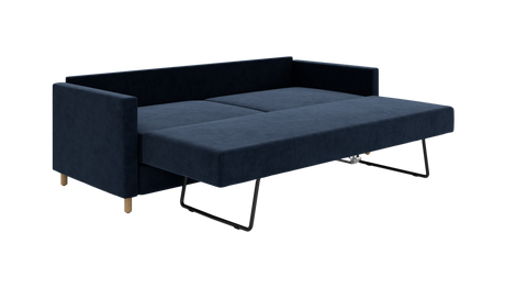 Mørkeblå sovesofa i moderne, minimalistisk design med slanke sorte støtteben og lige armlæn, vist i udfoldet position.