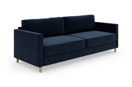 Mørkeblå moderne 3-personers sofa med lige armlæn, to sædehynder og to rygpuder på lyse træben, isoleret på hvid baggrund.
