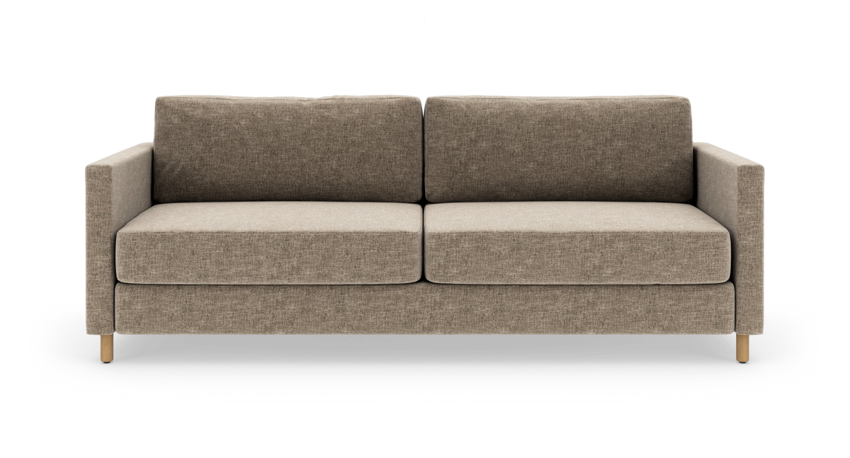 Beige to-sæders sofa i stof med rette armlæn og træben, frontvy.