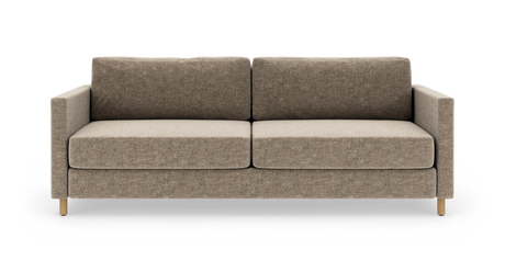 Beige to-sæders sofa i stof med rette armlæn og træben, frontvy.