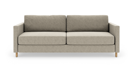 Beigefarvet to-personers sofa i boucléstof med lige armlæn og lyse træben, frilagt mod hvid baggrund, frontvisning.