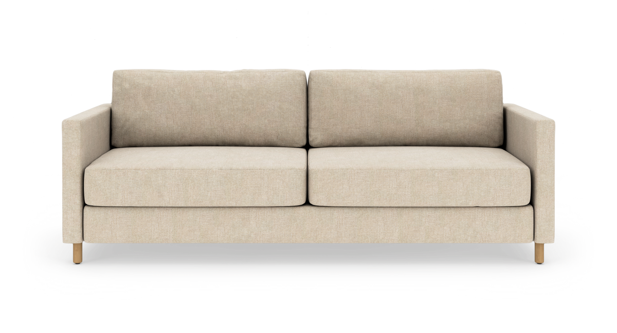 Beige 2-personers sofa med lige armlæn og træben, frontvisning på hvid baggrund.