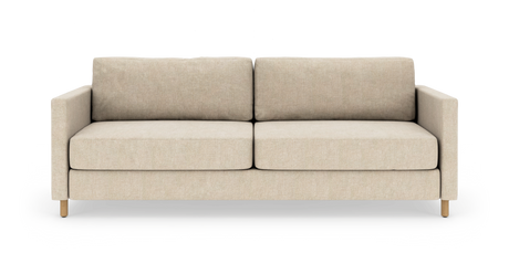 Beige 2-personers sofa med lige armlæn og træben, frontvisning på hvid baggrund.