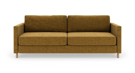 Sennepsgul 2-personers sofa i stof med lige armlæn og lyse træben, frontvisning på hvid baggrund.