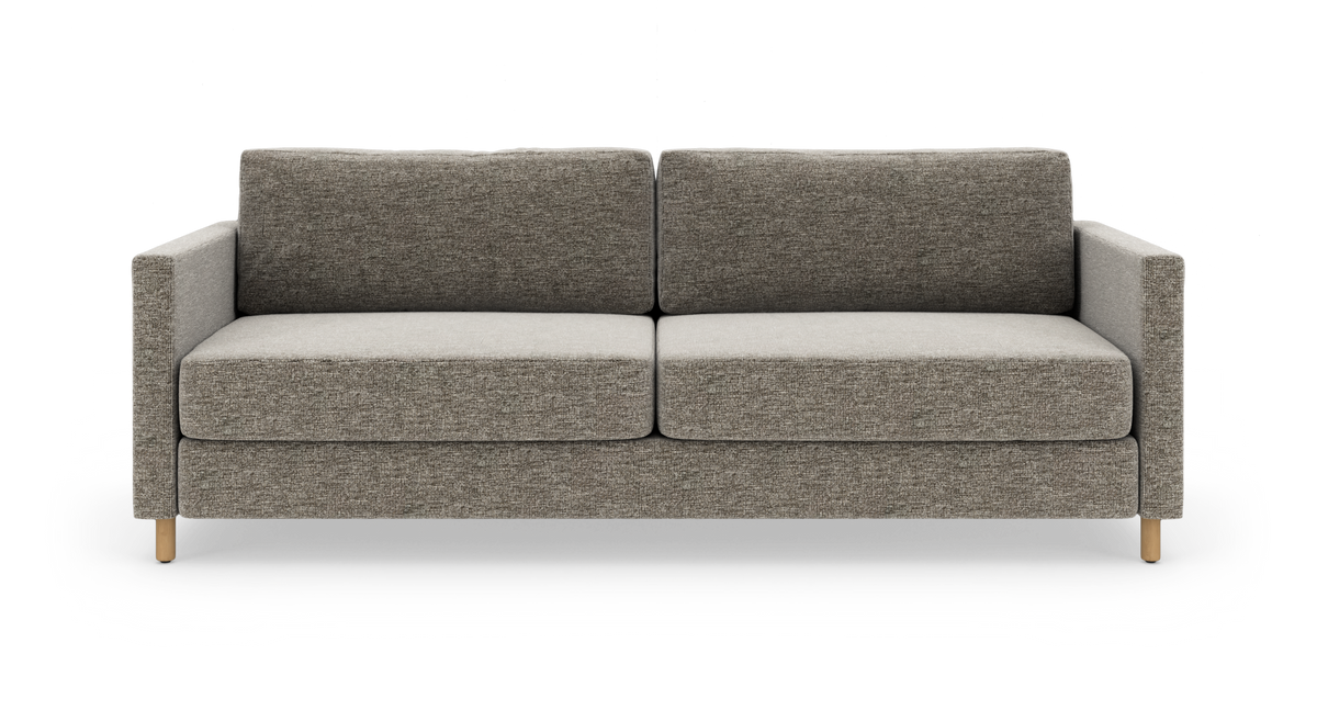 Lige frontview af en 2-personers sofa i grå‑beige tekstil med lige armlæn og træben, fritstående på hvid baggrund.