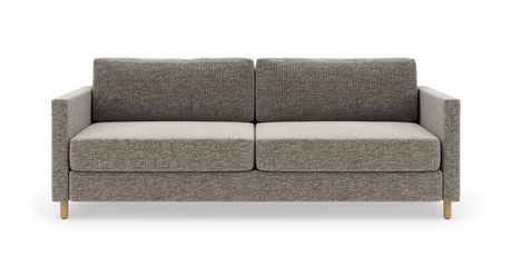 Lige frontview af en 2-personers sofa i grå‑beige tekstil med lige armlæn og træben, fritstående på hvid baggrund.