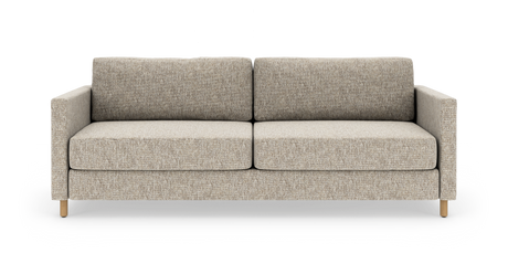 Beige 2-personers sofa med lige armlæn og træben, fotograferet forfra på hvid baggrund.