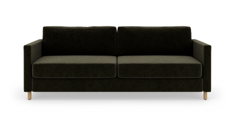 Mørkegrøn 2-personers sofa i moderne, minimalistisk design set forfra på hvid studiobaggrund.