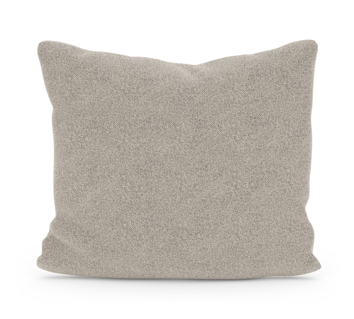 Beige, tekstureret pyntepude i linned-look på hvid baggrund.