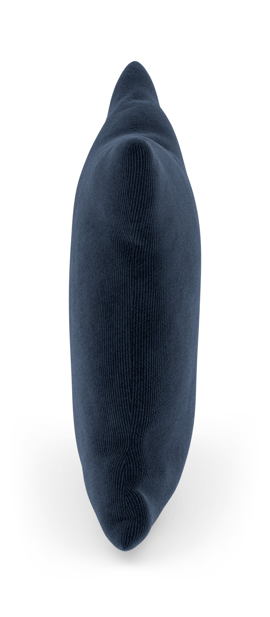 Mørkeblå, rillet pude set fra siden på hvid baggrund.