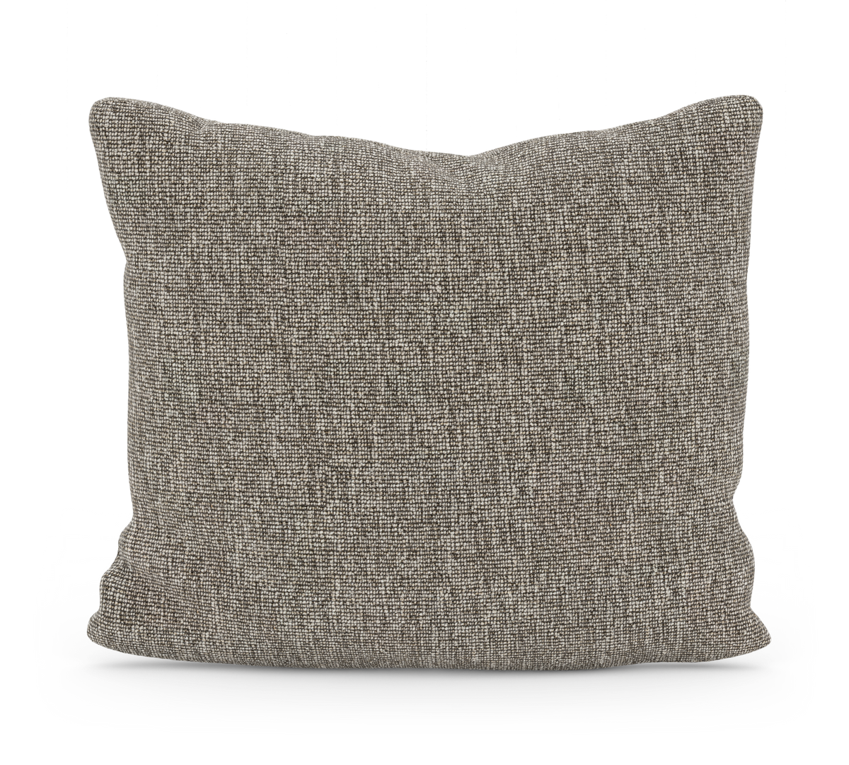 Kvadratisk pyntepude i meleret beige-grå tekstil, frilagt på hvid baggrund.