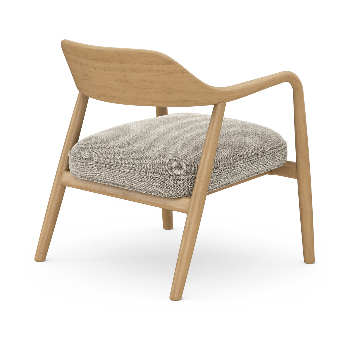 Lav loungestol i lyst træ med lysegrå/beige pude, vist bagfra i studieopsætning på hvid baggrund.
