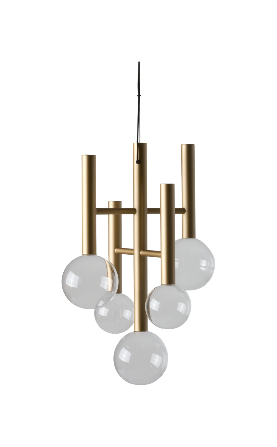 Moderne lysekrone i messinglook med fem runde glasglobuser.