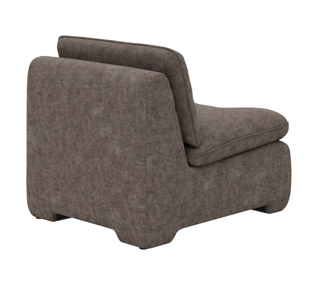 Brungrå modulsofa uden armlæn set bagfra i 3/4 vinkel på hvid baggrund.