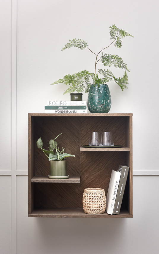 Vægmonteret reol i mørkt træ med bøger (WONDERPLANTS, POLPO, A FRAME FOR LIFE), grønne planter i potte og grøn glasvase, to glas og en flettet lille lanterne mod en lys væg.
