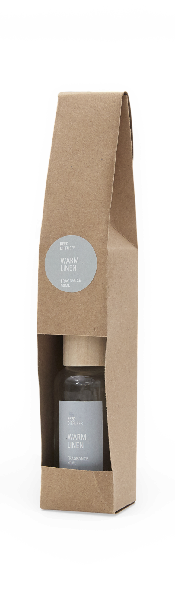 Rumsduft med pinde Warm Linen, duft 50 ml i brun papæske.