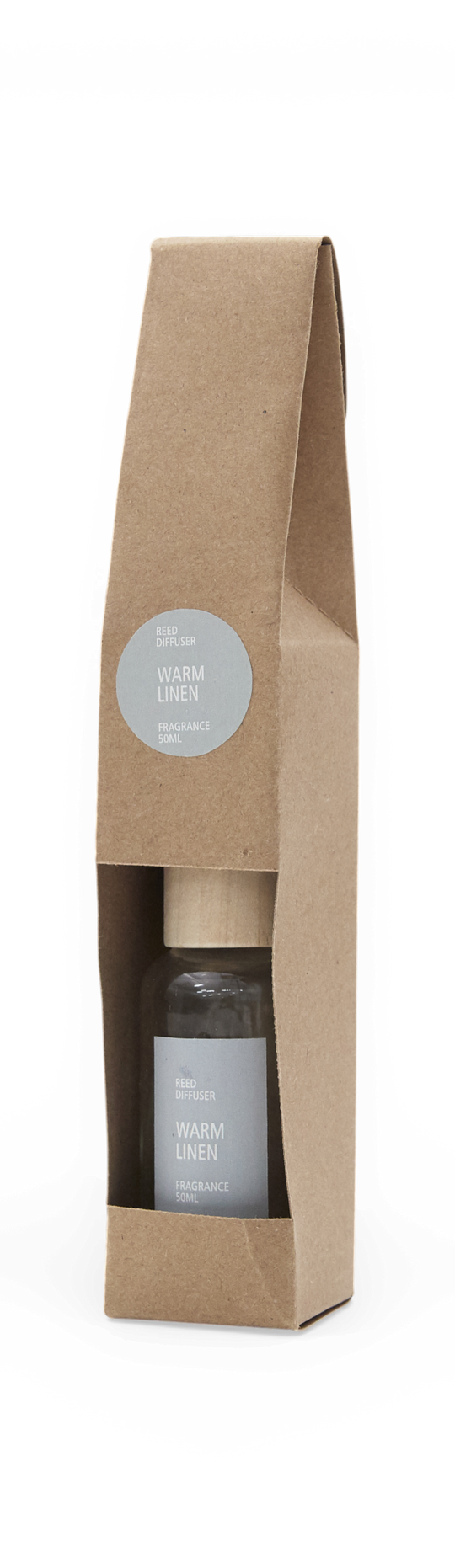 Rumsduft med pinde Warm Linen, duft 50 ml i brun papæske.