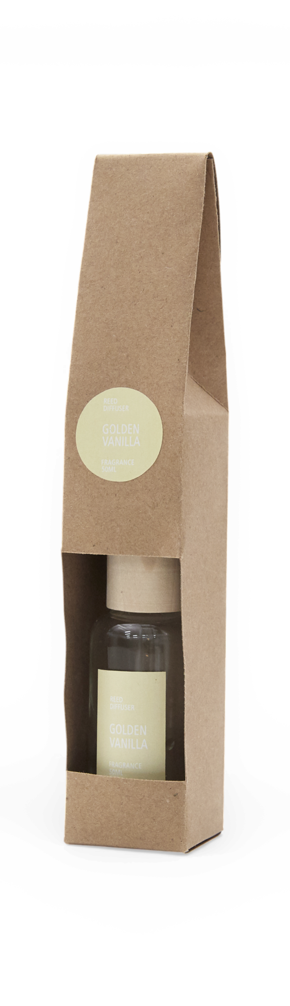 Duftpinde Golden Vanilla, 50 ml, i kraftpapir-emballage med synlig flaske.