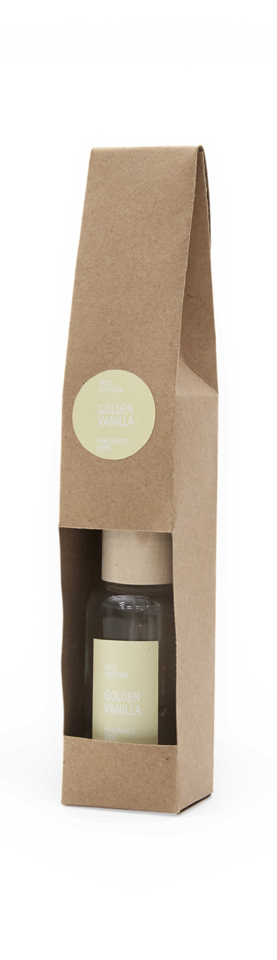 Duftpinde Golden Vanilla, 50 ml, i kraftpapir-emballage med synlig flaske.