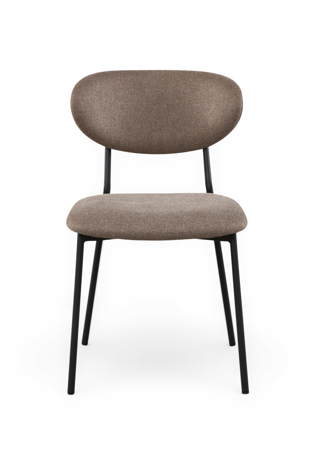 Polstret spisebordsstol i beige stof med sorte metalben, set forfra.