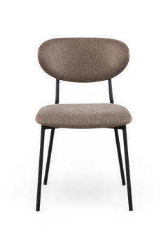 Polstret spisebordsstol i beige stof med sorte metalben, set forfra.
