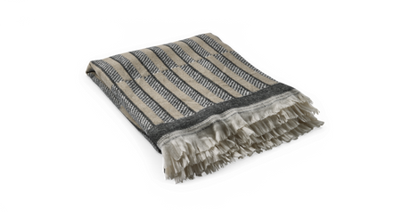 Sammenfoldet stribet plaid i beige og grå med frynser.