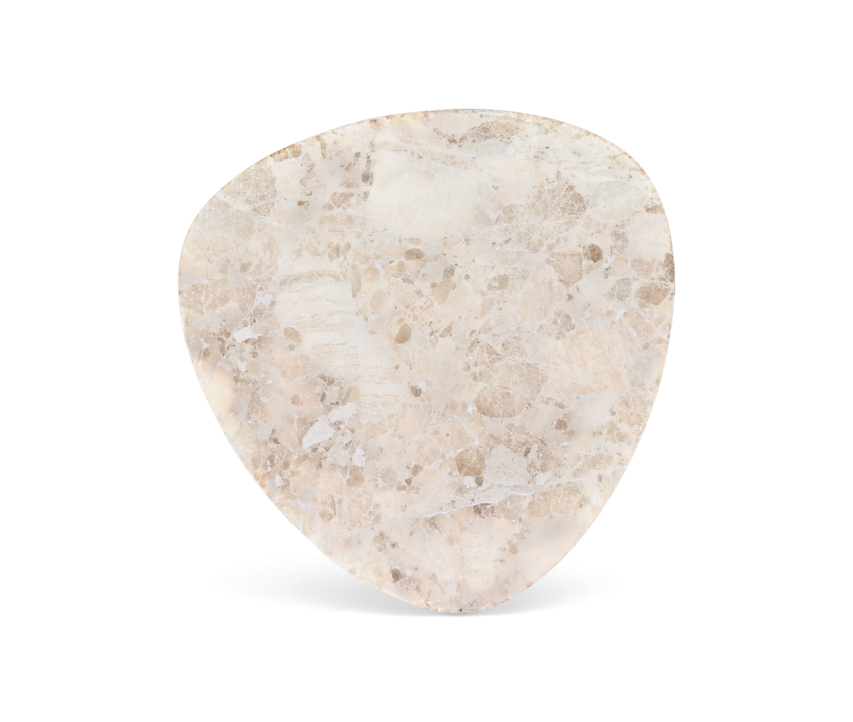Beige marmorprøve i uregelmæssig trekantet form, frilagt på hvid baggrund.