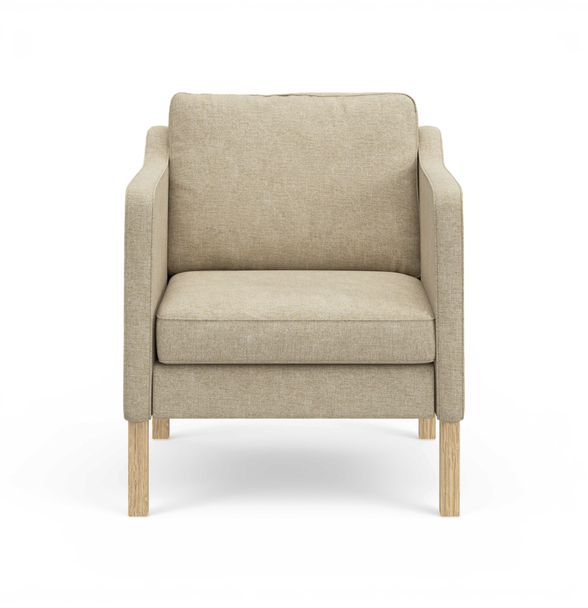 Beige stoflænestol med slanke ben i eg, set forfra.