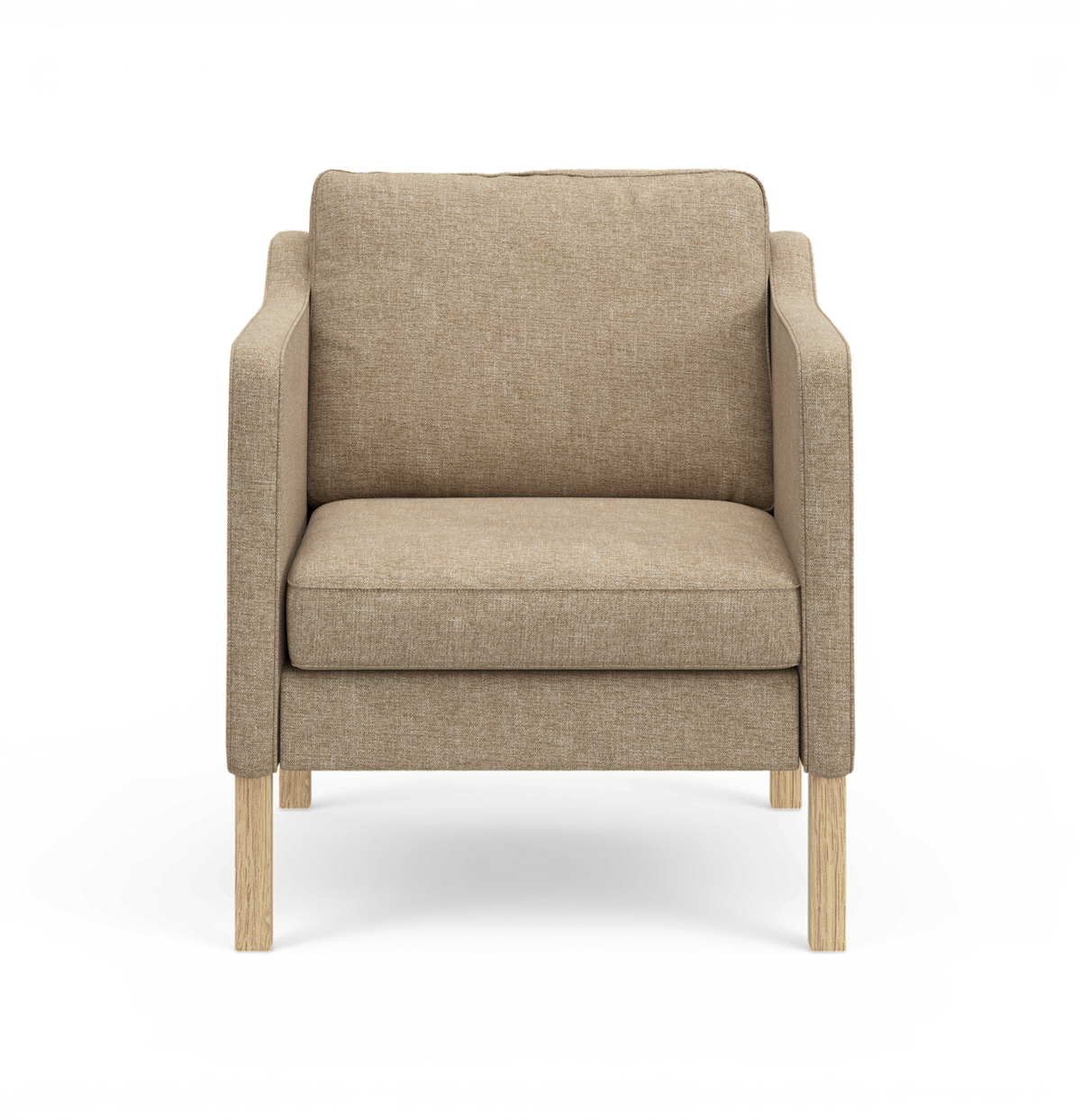 Beige lænestol i stof med træben, set forfra.