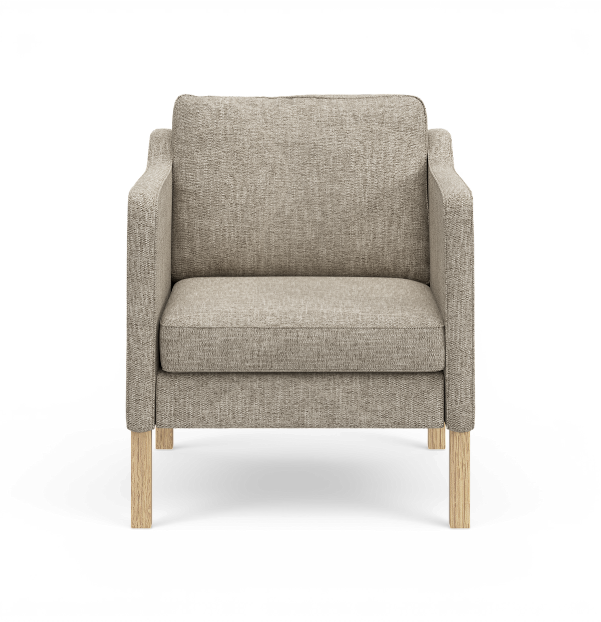 Beige stoflænestol med lige armlæn og lyse træben, frontvisning.
