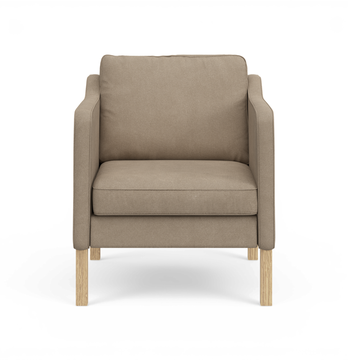 Beige lænestol med riflet polstring og lyse træben, set forfra.